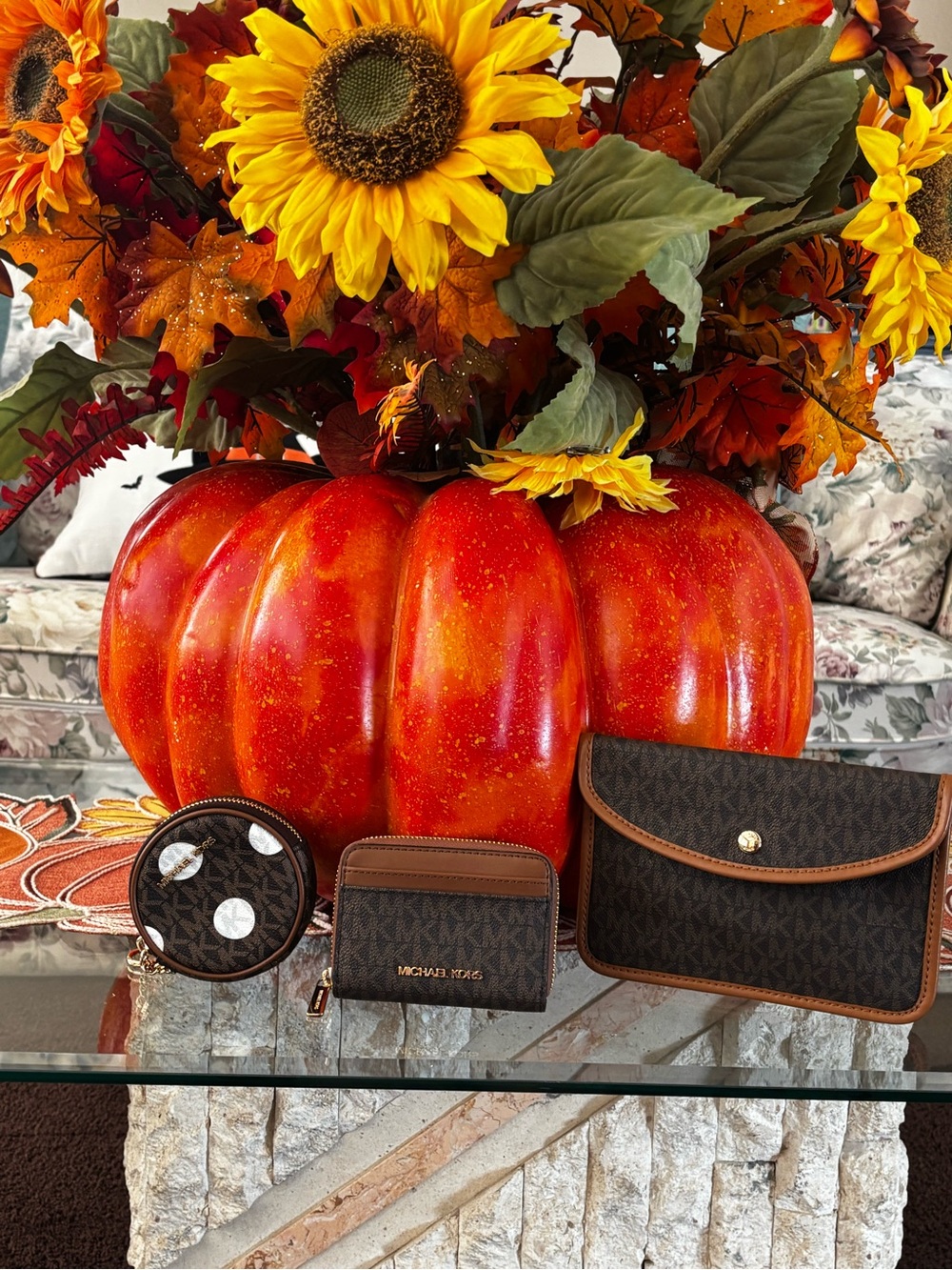 Michael Kors Brown Logo-Print Wallet Trio with Tan Trim